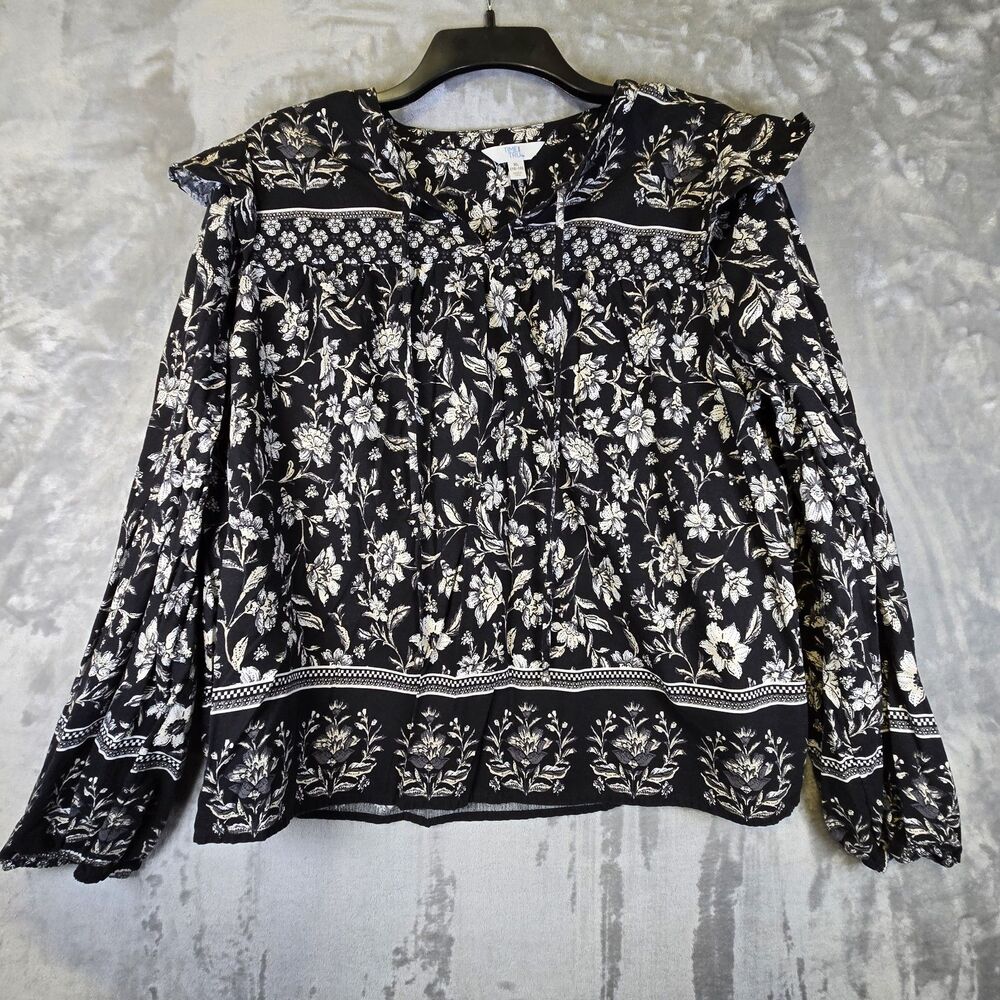 Time and Tru Peasant Shirt Womens XL Black White Floral Tied V Neck Ruffles